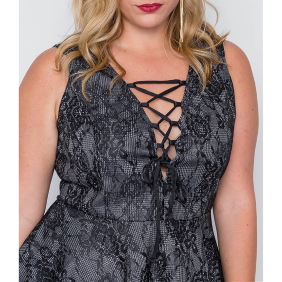 PLUS SIZE BLACK LACE PRINT LACE UP SKATER DRESS - Picture 2 of 6
